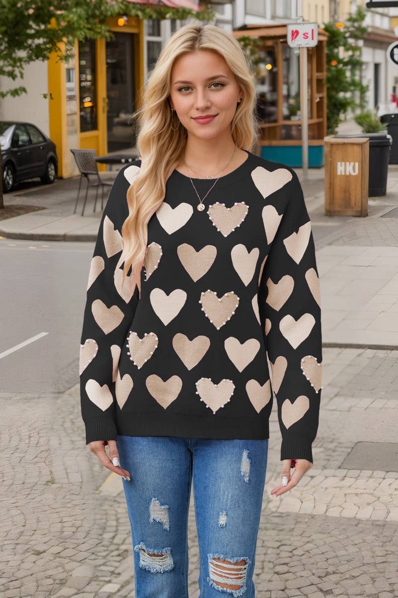 CWOSWL5981_HEART BEADED VALENTINE'S DAY KNITTED SWEATER