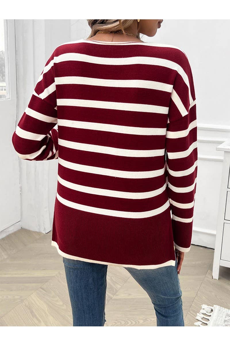 CWOSWL2649_ Loose V-Neck Long Sleeved Pullover Sweater