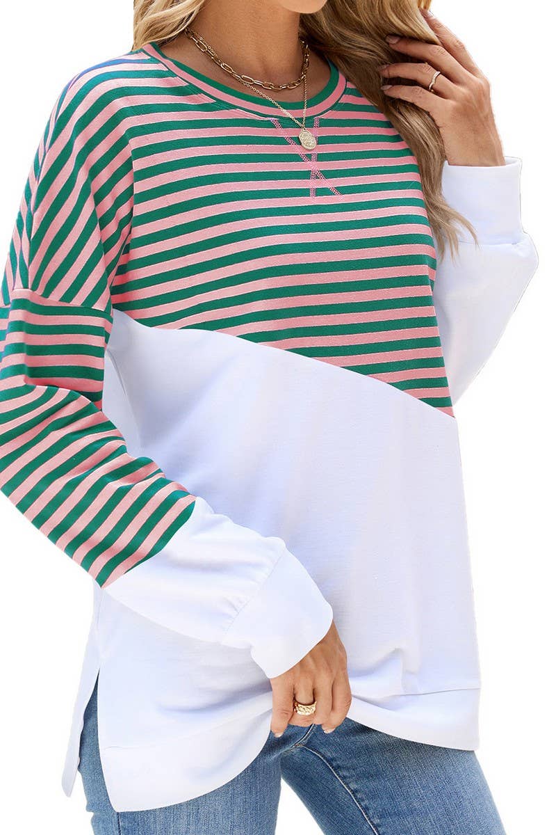 CWTBLL2368_ROUND NECK SLIT CONTRAST STRIPE SWEATSHIRT