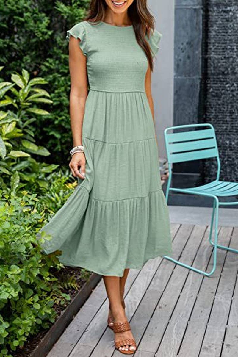 CWDMD2568_FLYING SLEEVE SHIRRED LAYERED SHORT SLEEVE DRESS