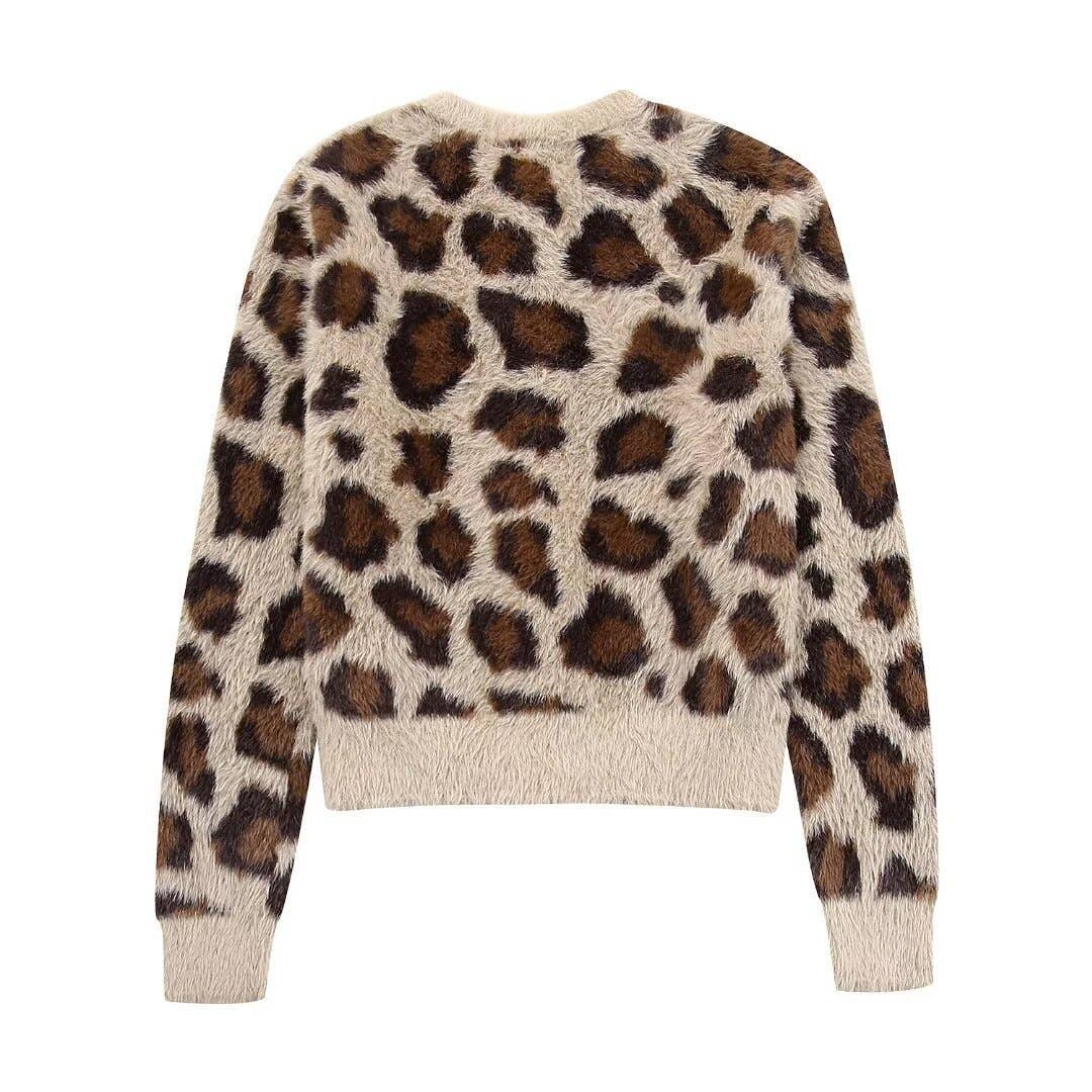 CREW-NECK LEOPARD PRINT SINGLE-BREASTED CARDIGAN