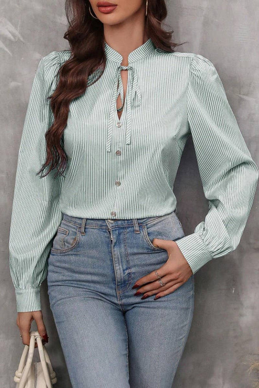 CWTSTL2886_STRIPED V-NECK TIE FRONT BUTTON LONG SLEEVE SHIRT