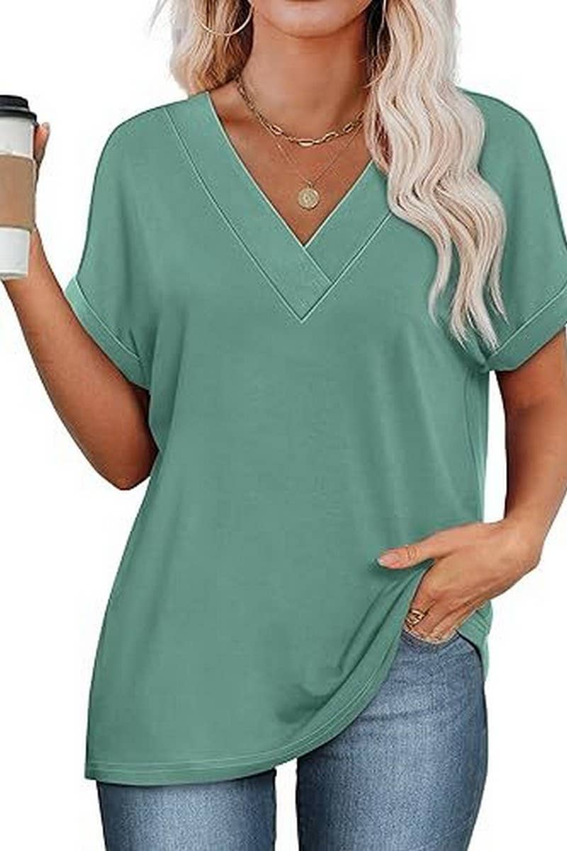 CWTBLS2191_SOLID V-NECK LOOSE BATWING SLEEVE CROP TEE