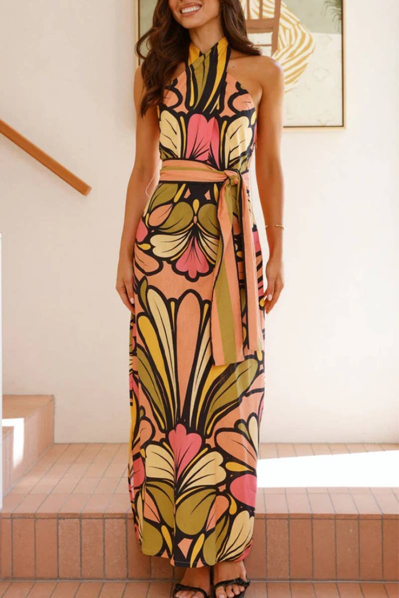 CWDHL1000_SUMMER HALTER NECK BELT WAIST RESORT LONG DRESS