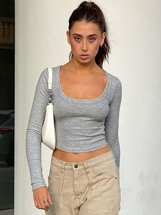 CASUAL SOLID COLOR TIGHT LONG-SLEEVED CROP TOP