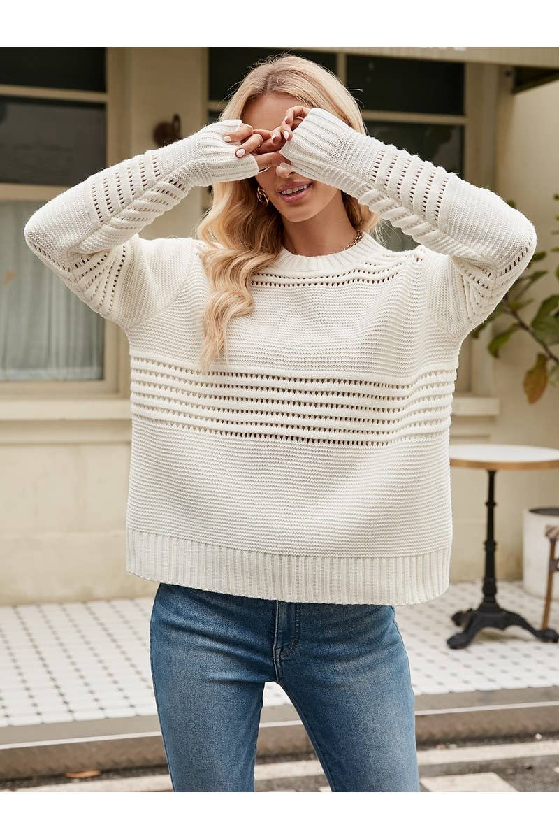 CWOSWL2447_Striped Crew Neck Long Pullover Sweater
