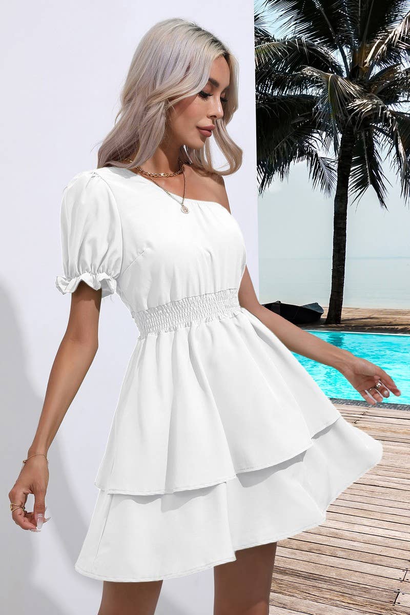 CWDSD2923_One Shoulder Short Sleeve Dresses
