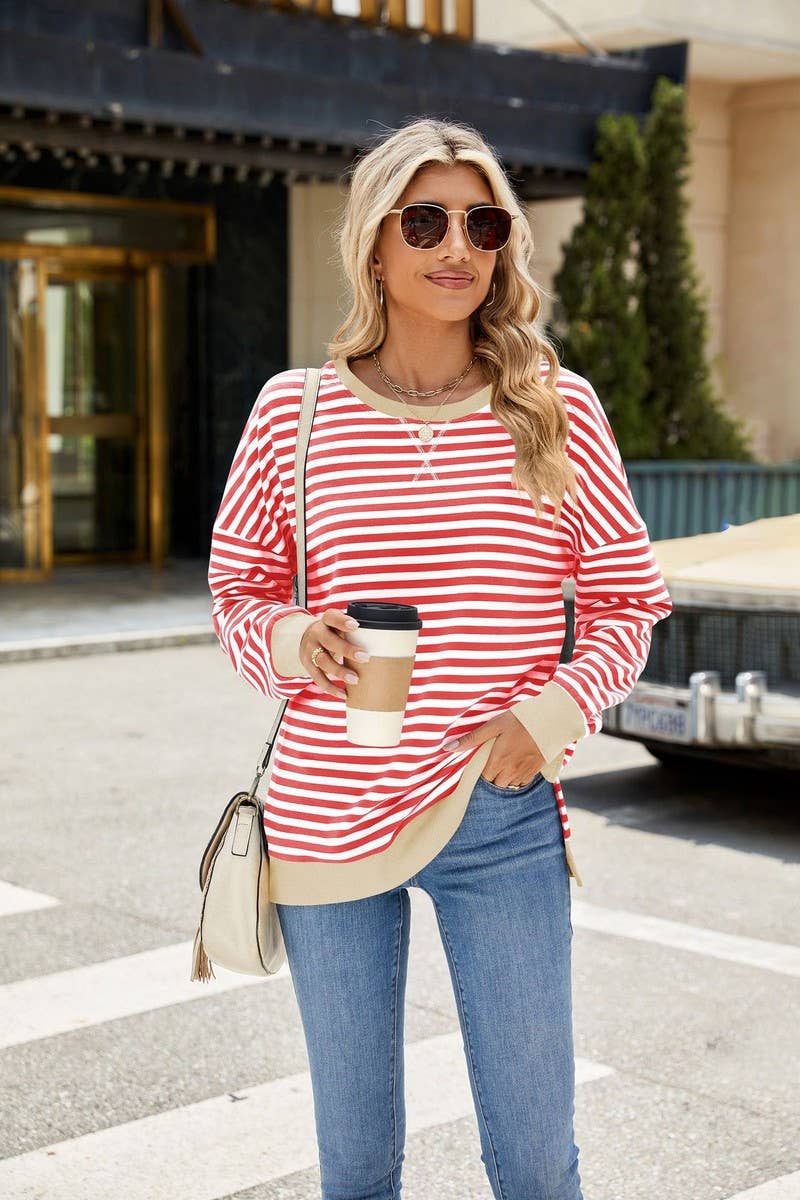CWTBLL3746_CONTRAST COLOR SLIT LOOSE STRIPED SWEATSHIRT