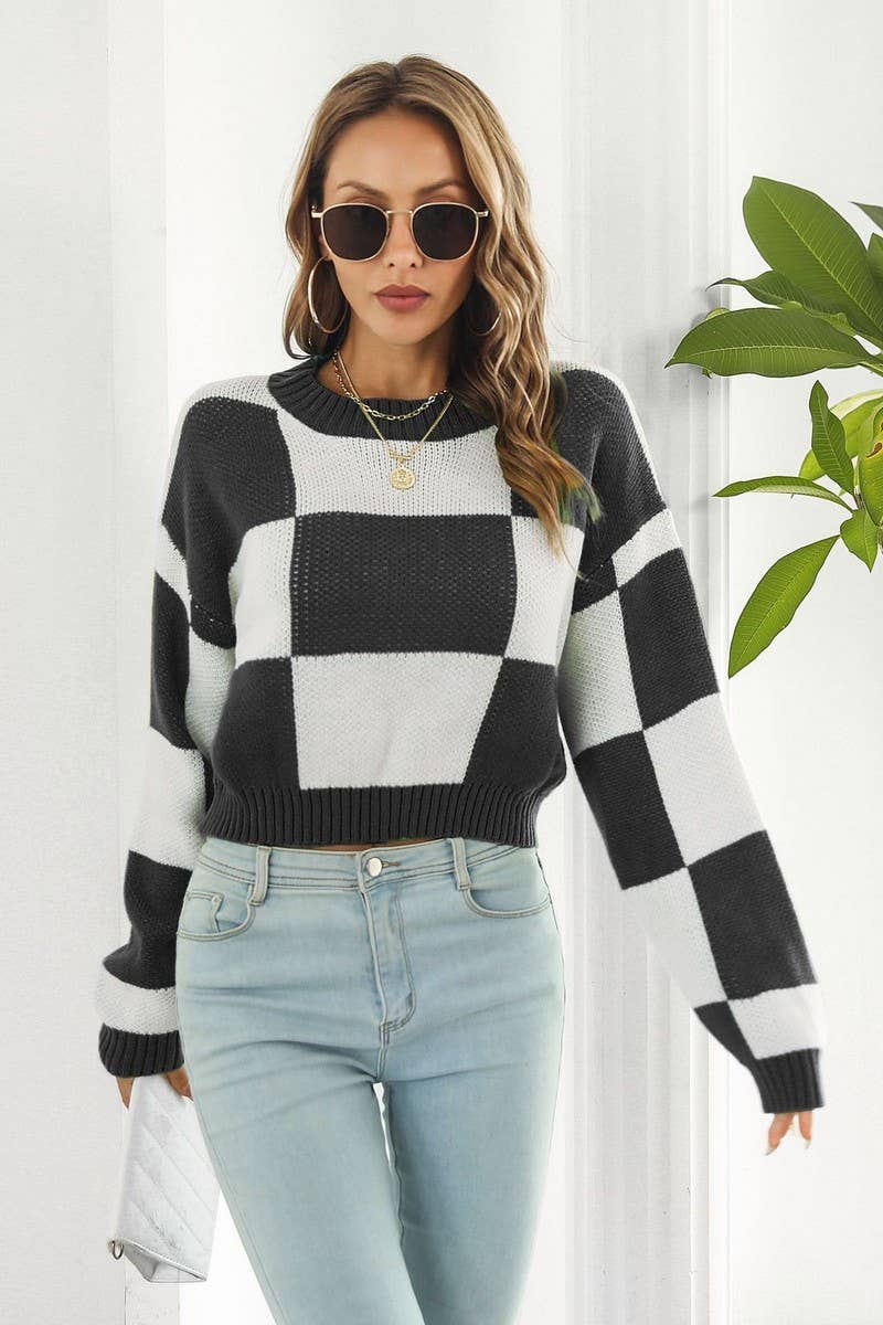 CWOSWL3966_CHECKERBOARD LONG-SLEEVED CROPPED SWEATER