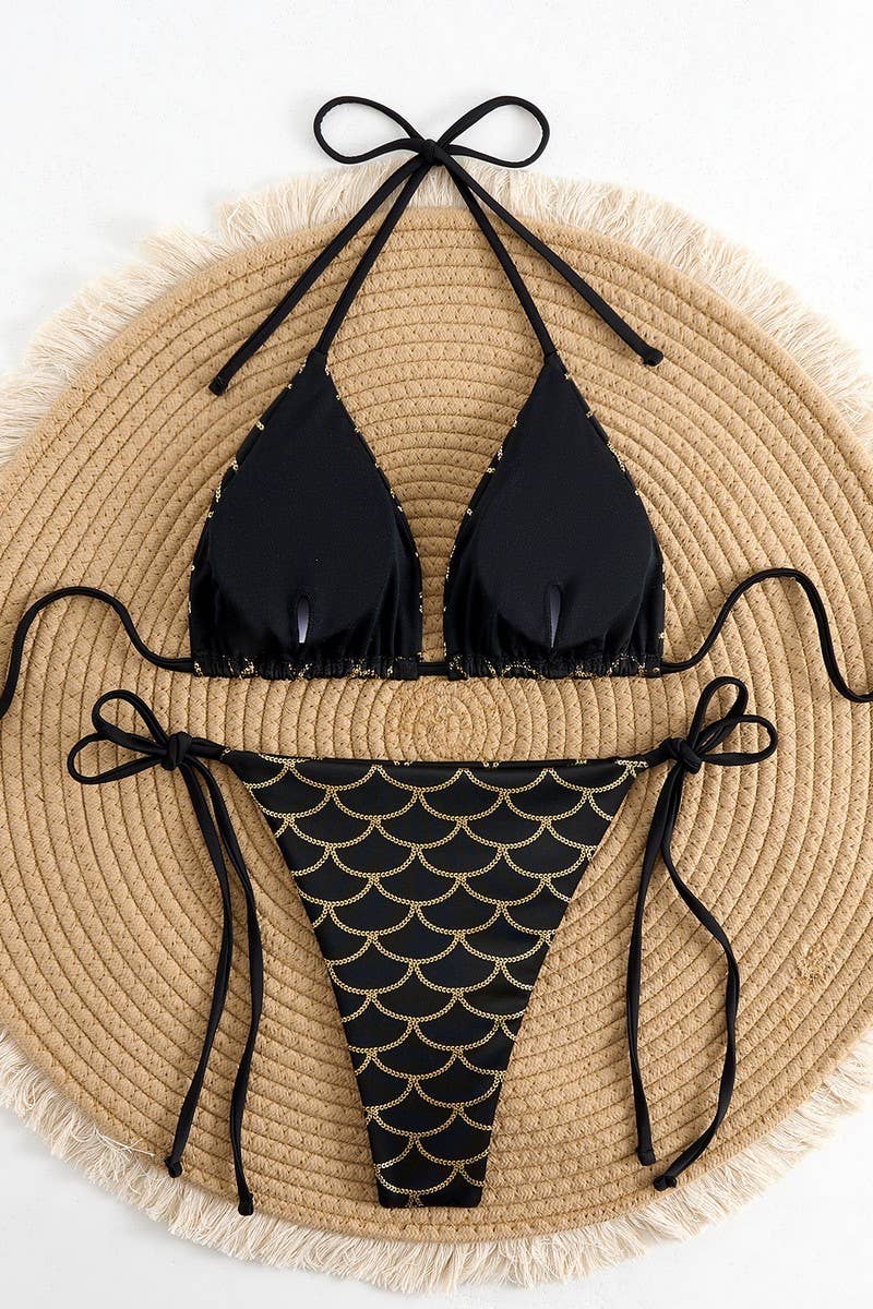 CWMW0875_SEXY SHINY LACE-UP TWO-PIECE BIKINI SWIMSUIT