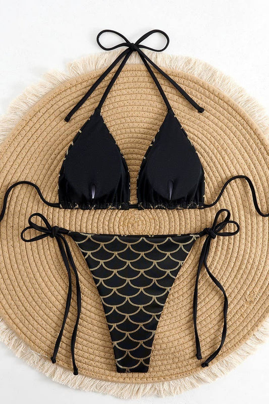 CWMW0875_SEXY SHINY LACE-UP TWO-PIECE BIKINI SWIMSUIT