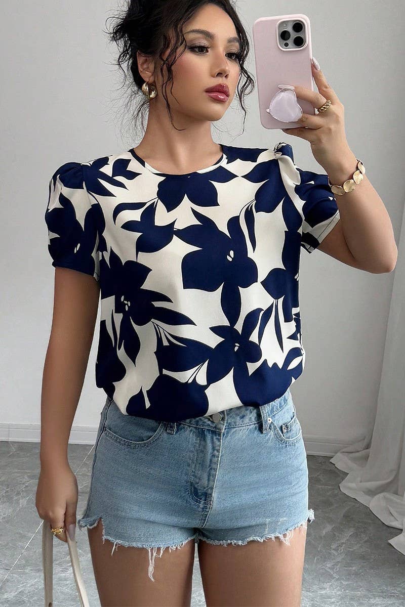 CWTTS1583_SUMMER HOLIDAY STYLE FLORAL SHORT-SLEEVED TOP