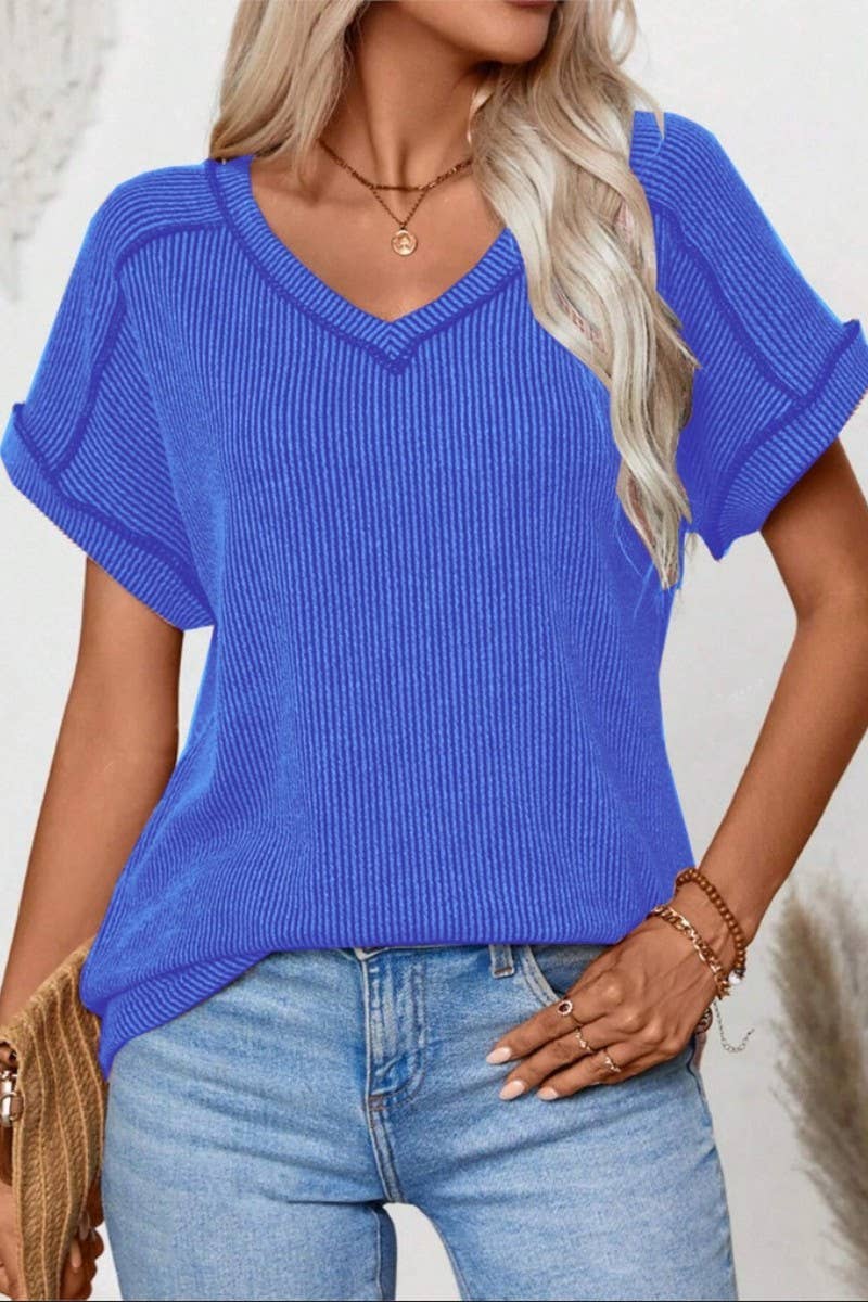CWTTS1383_FASHIONABLE V-NECK TWISTED SHORT-SLEEVED TOP