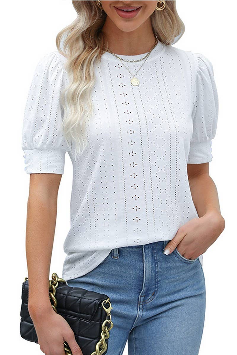 CWTBLS1599_ROUND NECK SOLID COLOR HOLLOW SHORT SLEEVE TOP