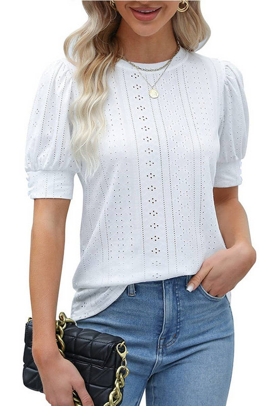 CWTBLS1599_ROUND NECK SOLID COLOR HOLLOW SHORT SLEEVE TOP