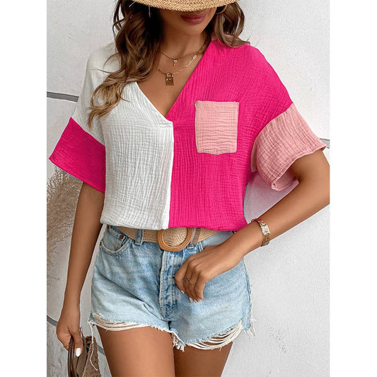 Color contrast patchwork short sleeve Vneck shirt