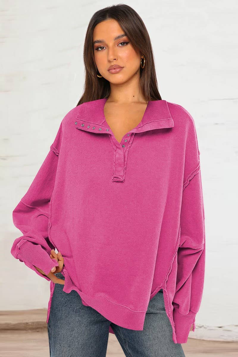 CWTBLL3993_SLIT LANTERN SLEEVE POLO COLLAR SWEATSHIRT