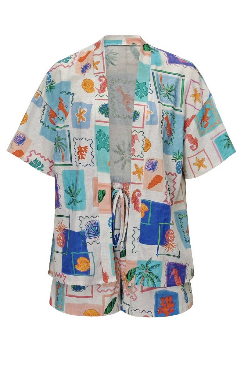 CWSTB2135_GRAFFITI PRINT SHIRT & TIE WAIST SHORTS SET