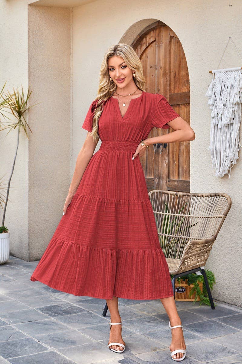 CWDMD6338_V-NECK PLEATED PUFF SLEEVES LONG-SLEEVED DRESS