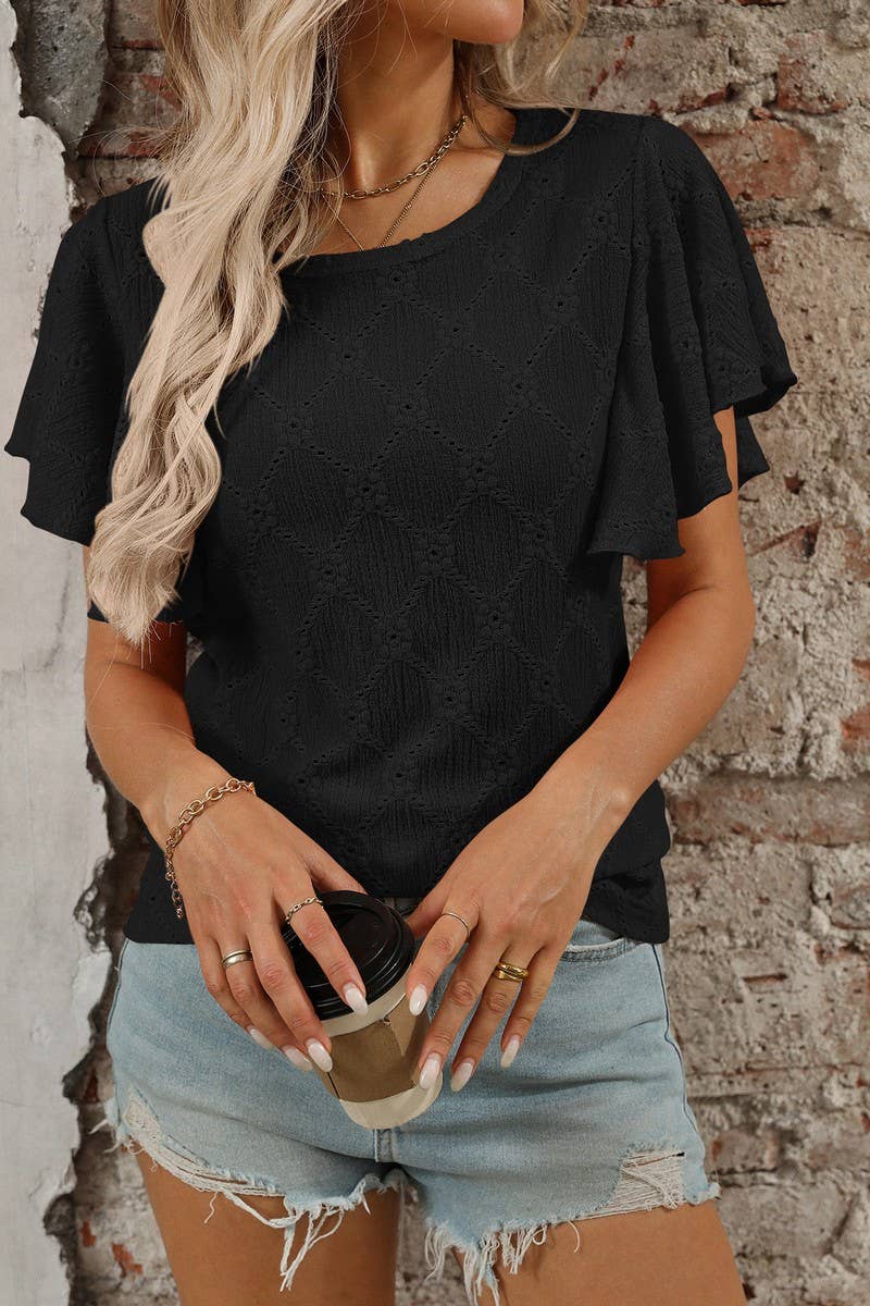 CWTTS1371_SUMMER FLOWER HOLLOW LOTUS SLEEVE CASUAL TOP