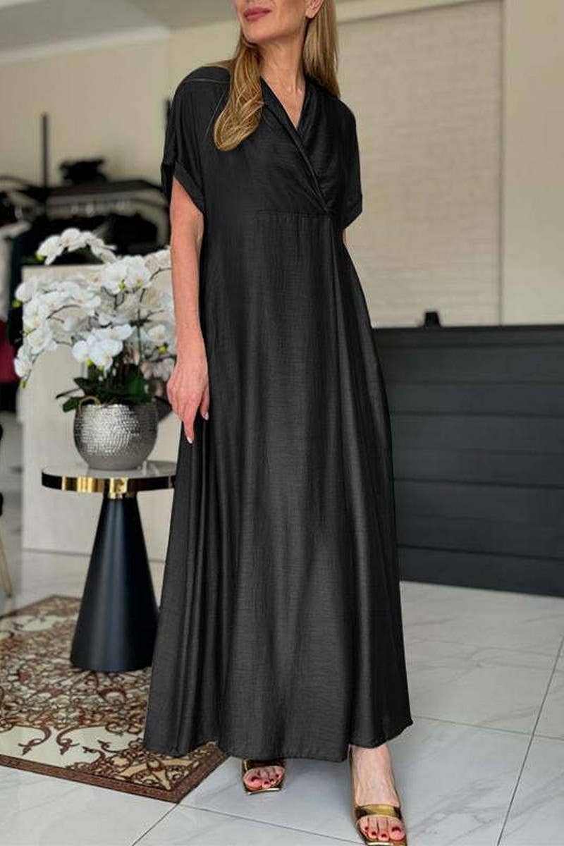 CWDMD4178_V_NECK SOLID COLOR SHORT SLEEVE LONG DRESS