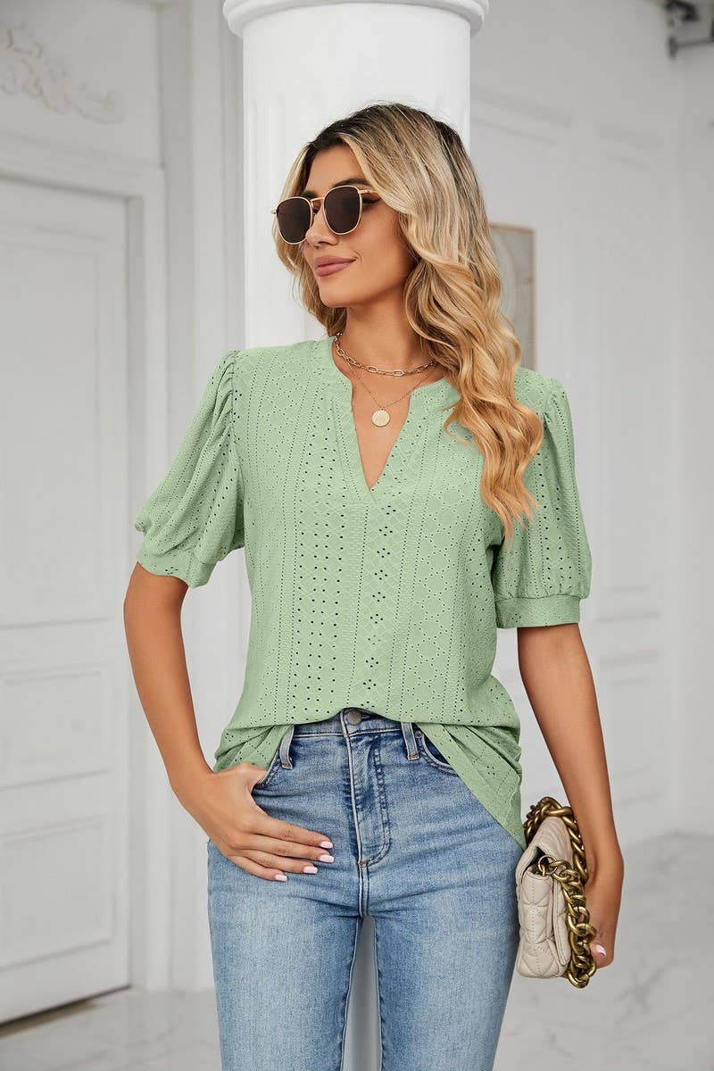 CWTSTS0358_V-Neck Short Sleeve Knit Top