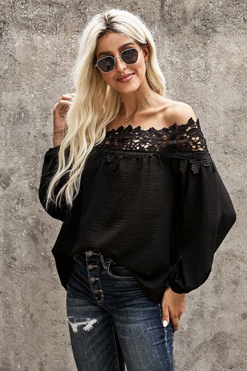 CWTBLL3038_LACE SPLICING LONG SLEEVE TOP WITH ONE SHOULDER