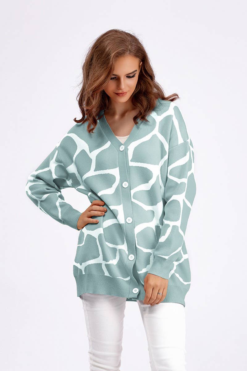 CWOCAL00664_JACQUARD KNIT V NECK LONGLINE CARDIGAN