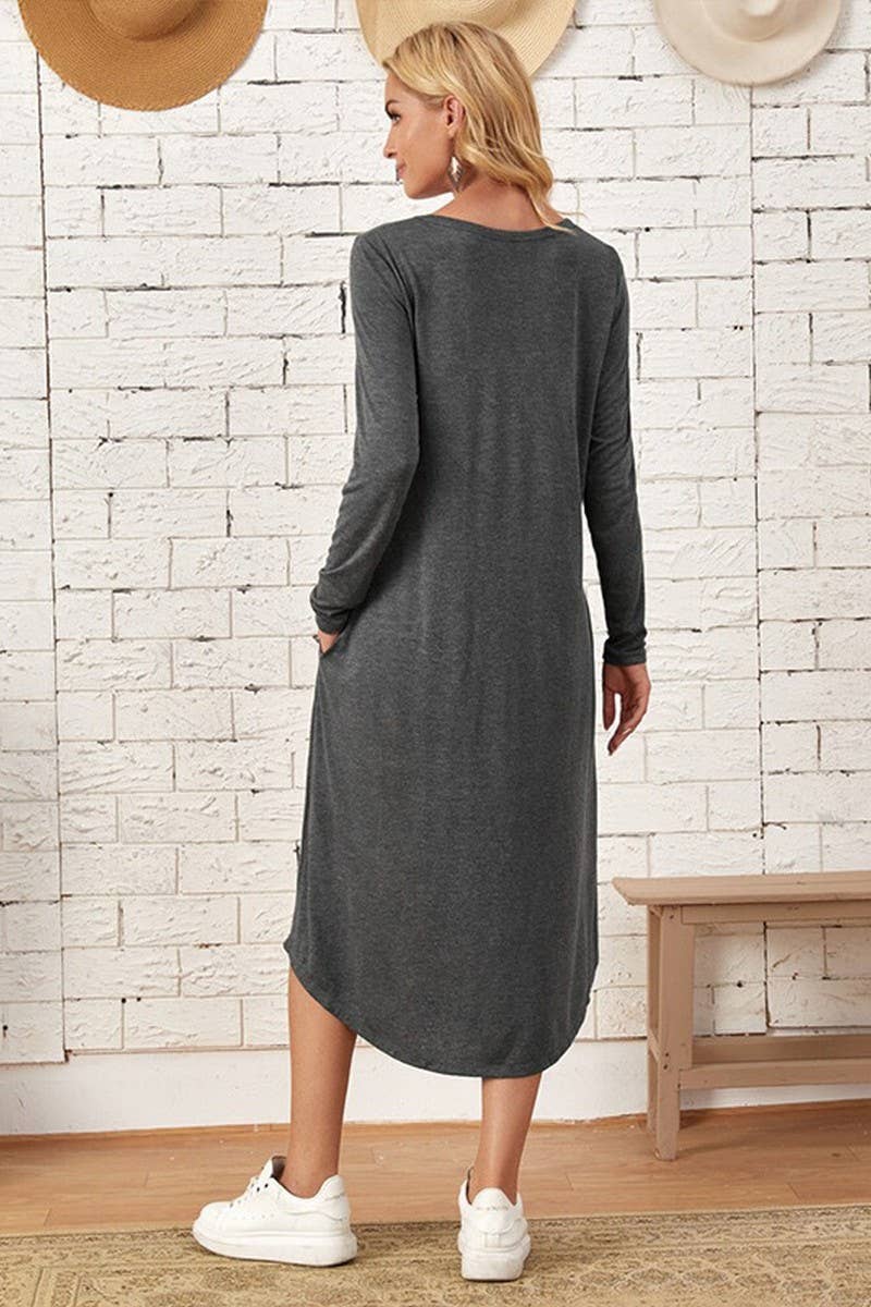 CWDMD3948_SOLID COLOR CASUAL LONG SLEEVE LONG DRESS
