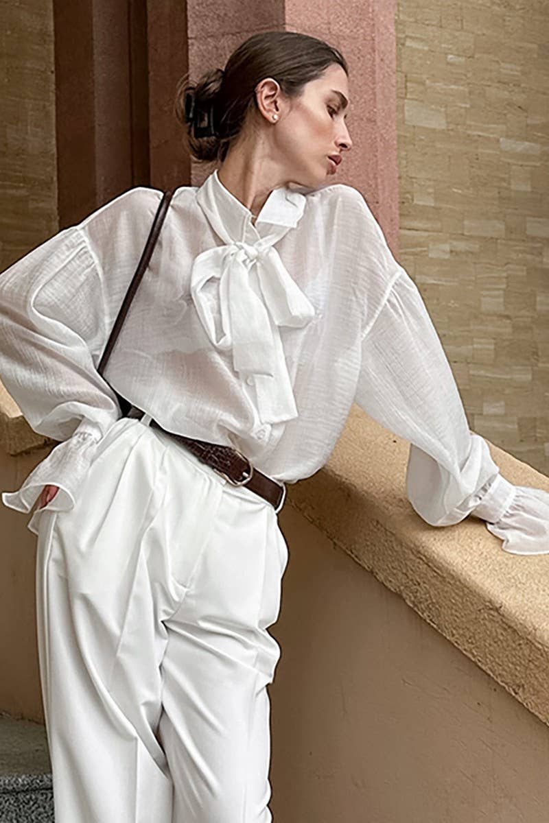 CWTSTL906_SEXY SEE-THROUGH WHITE TENCEL LACE-UP SHIRT