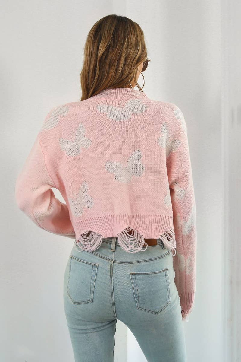 CWOSWL6376_RIPPED BUTTERFLY JACQUARD LONG-SLEEVED SWEATER