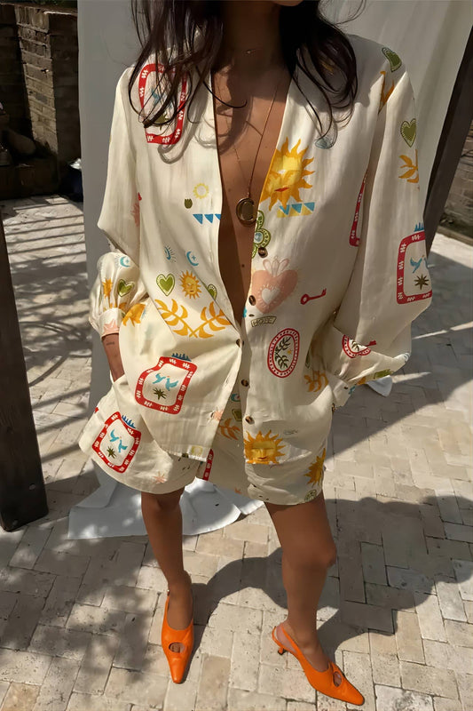 Fashionable printed casual shirt and shorts set