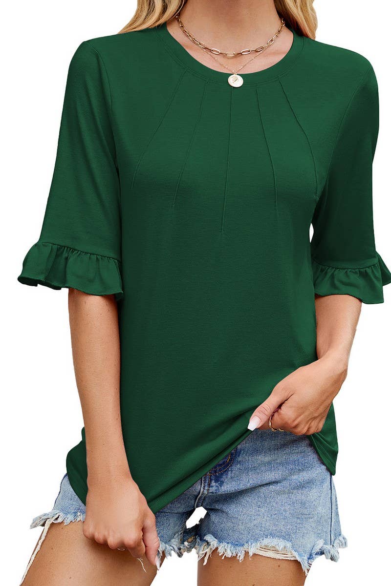 CWTTS1329_SUMMER NEW ROUND NECK LOTUS LEAF SLEEVES T-SHIRT