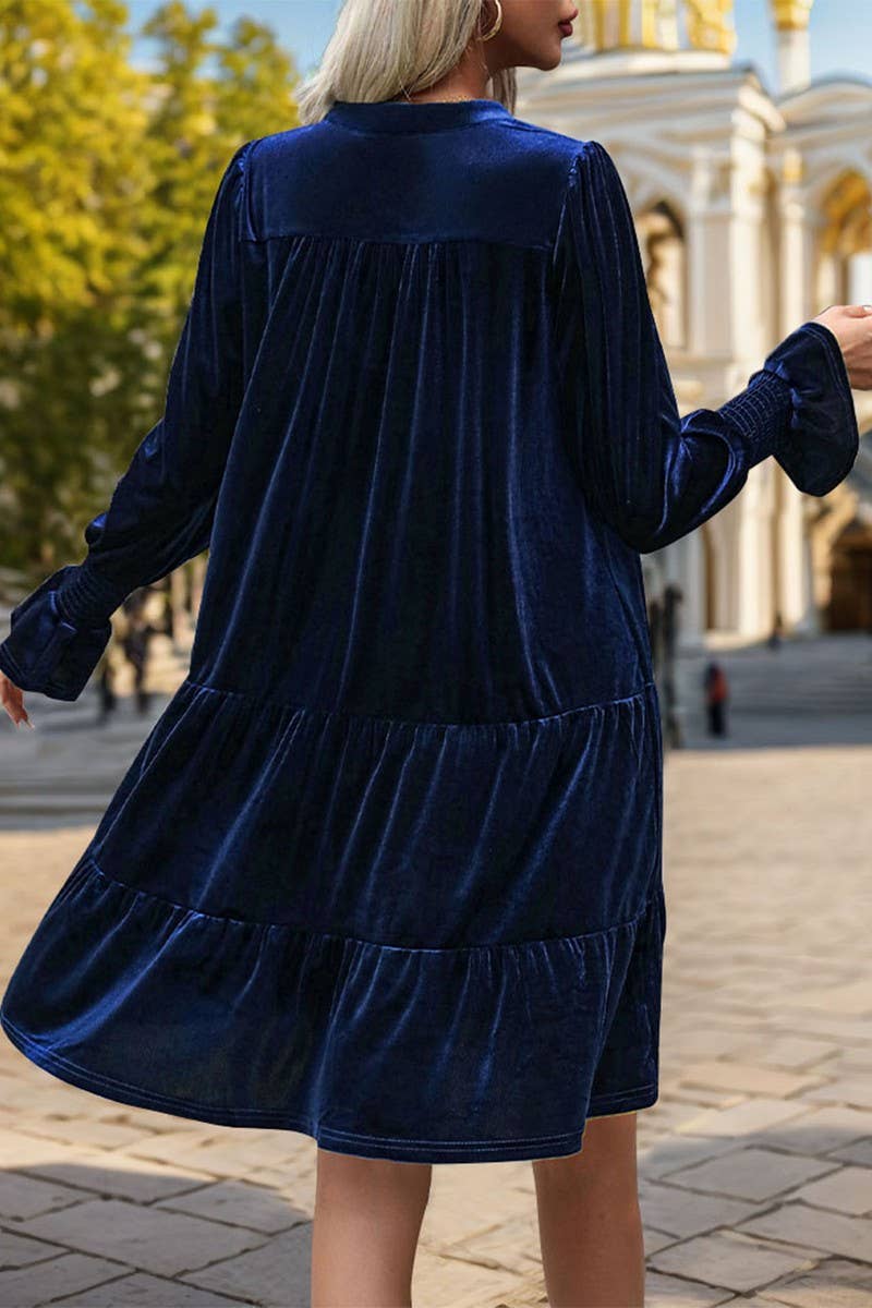 CWDMD3552_V-NECK LONG-SLEEVED SOLID COLOR VELVET DRESS