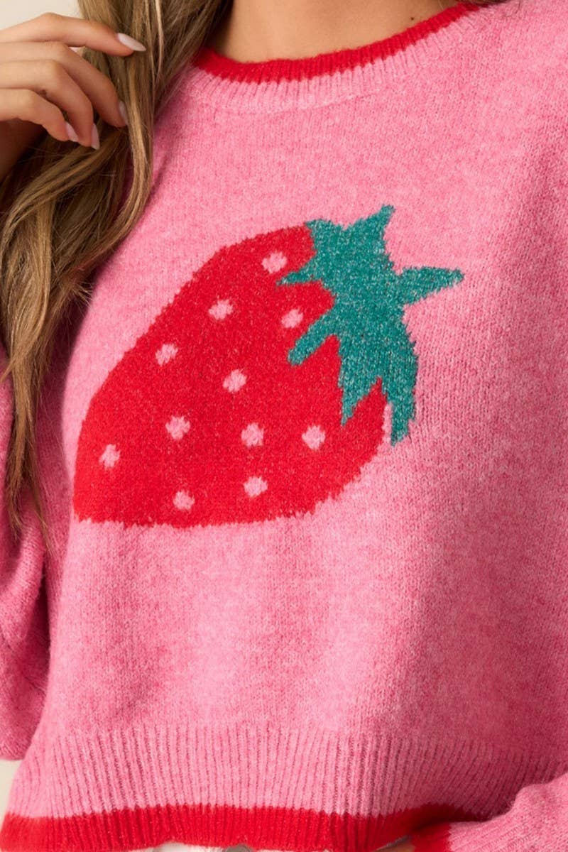 CWOSWL6958_SHORT STRAWBERRY PATTERN LONG SLEEVE KNIT SWEATER