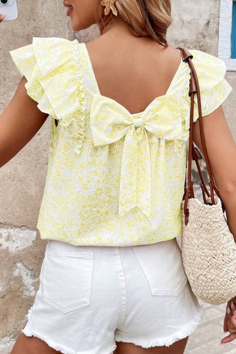 CWTBLS2268_PRINTED BOW BACK LAYERED RUFFLE SLEEVE SHIRT