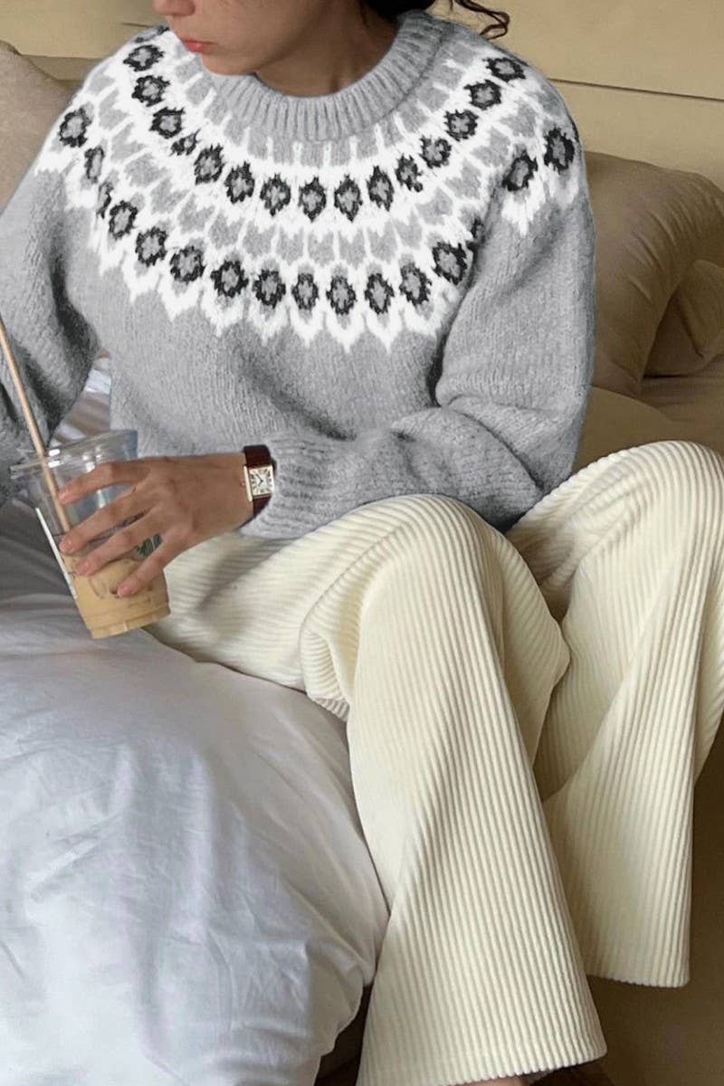 CWOSWL07113_ETHNIC LONG SLEEVE FAIR ISLE CREWNECK SWEATER