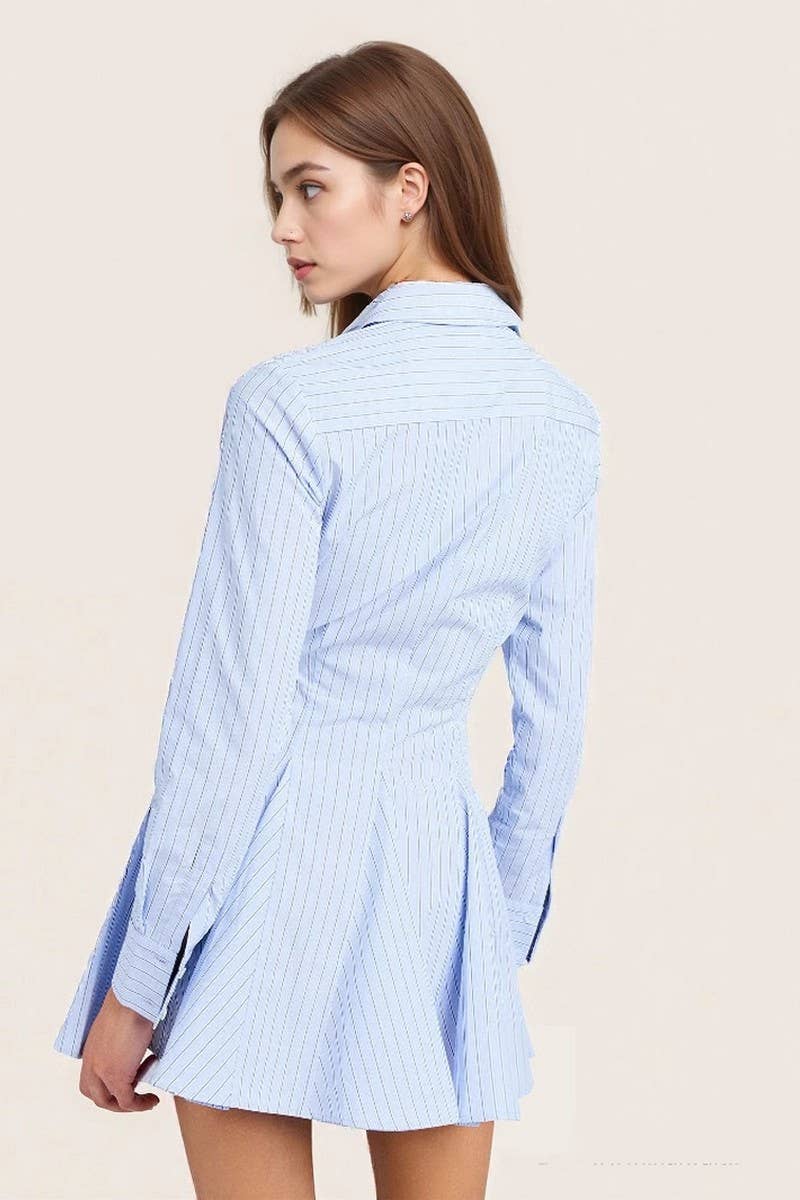CWTDSL0128_3/4 SLEEVES STRIPED LAPEL PLEATED SHIRT DRESS