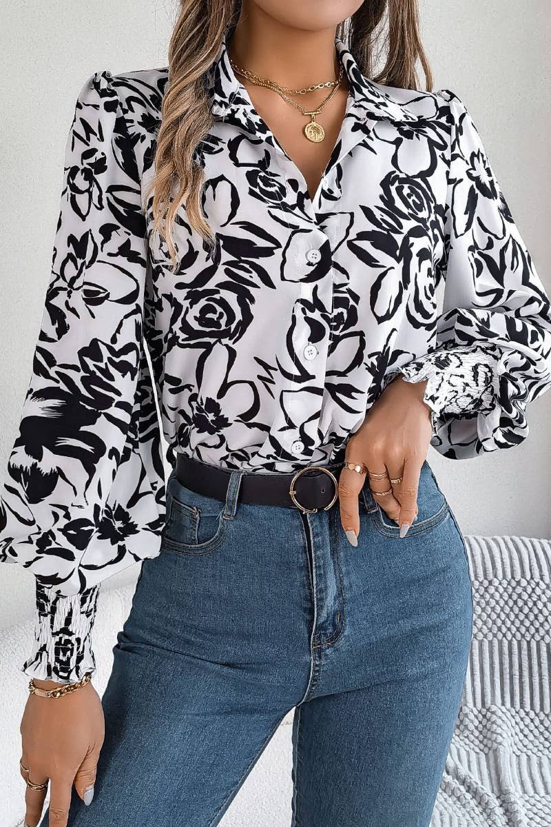 CWTSTL2127_AUTUMN FLOWER PRINT LANTERN SLEEVE SHIRT