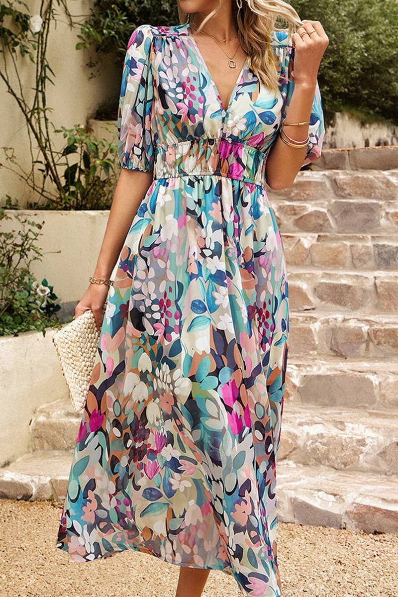 CWDMD0999_Deep V-Neck Short Sleeve Floral Print Dresses