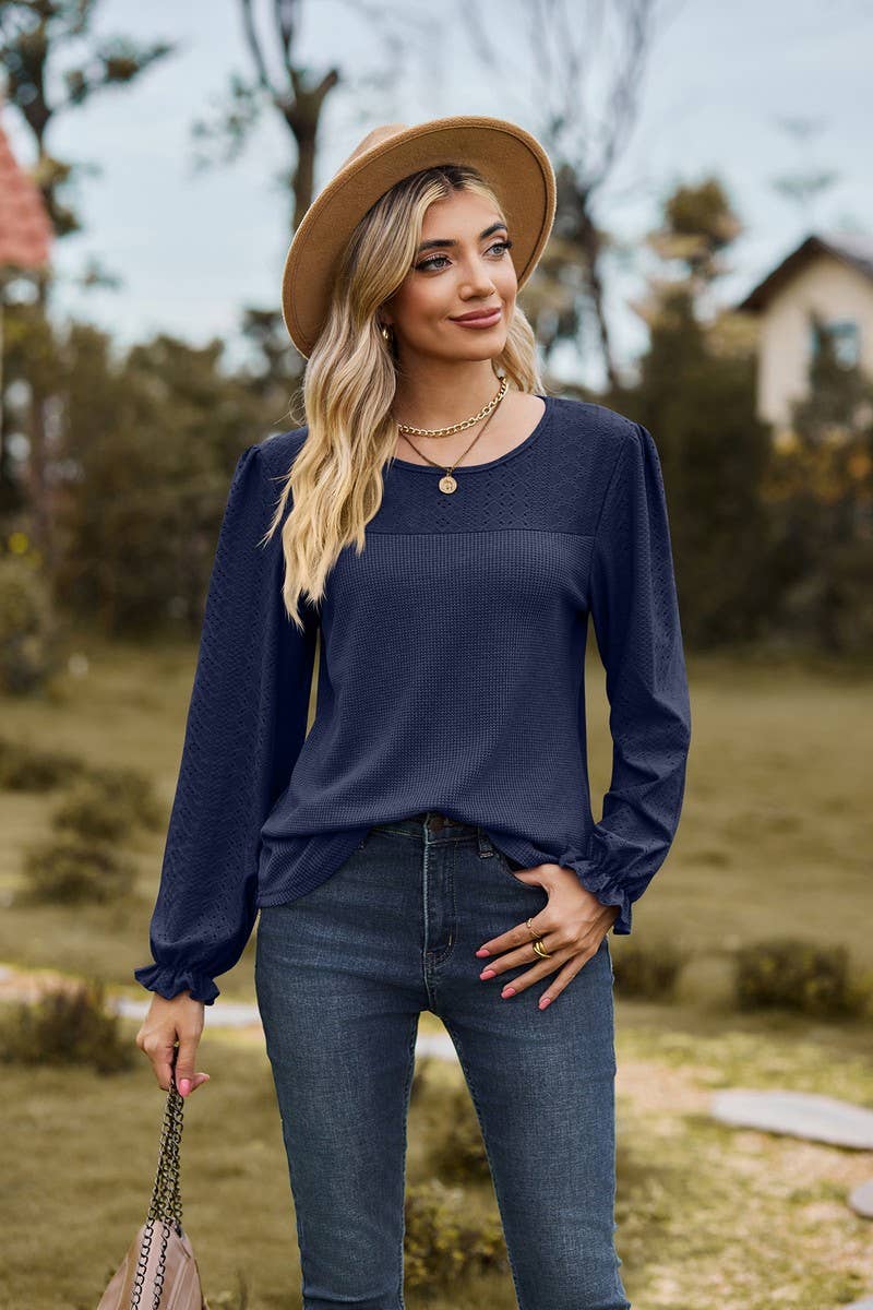 CWTBLL2417_SPLICED ROUND NECK LOOSE LONG SLEEVE T-SHIRT TOP
