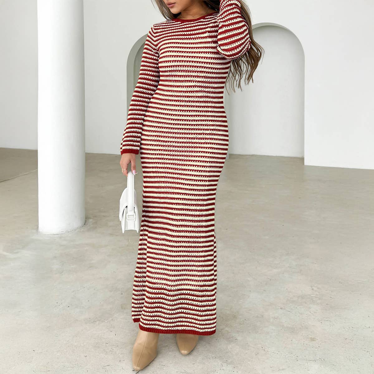 CASUAL COLOR CONTRAST STRIPED SWEATER DRESS