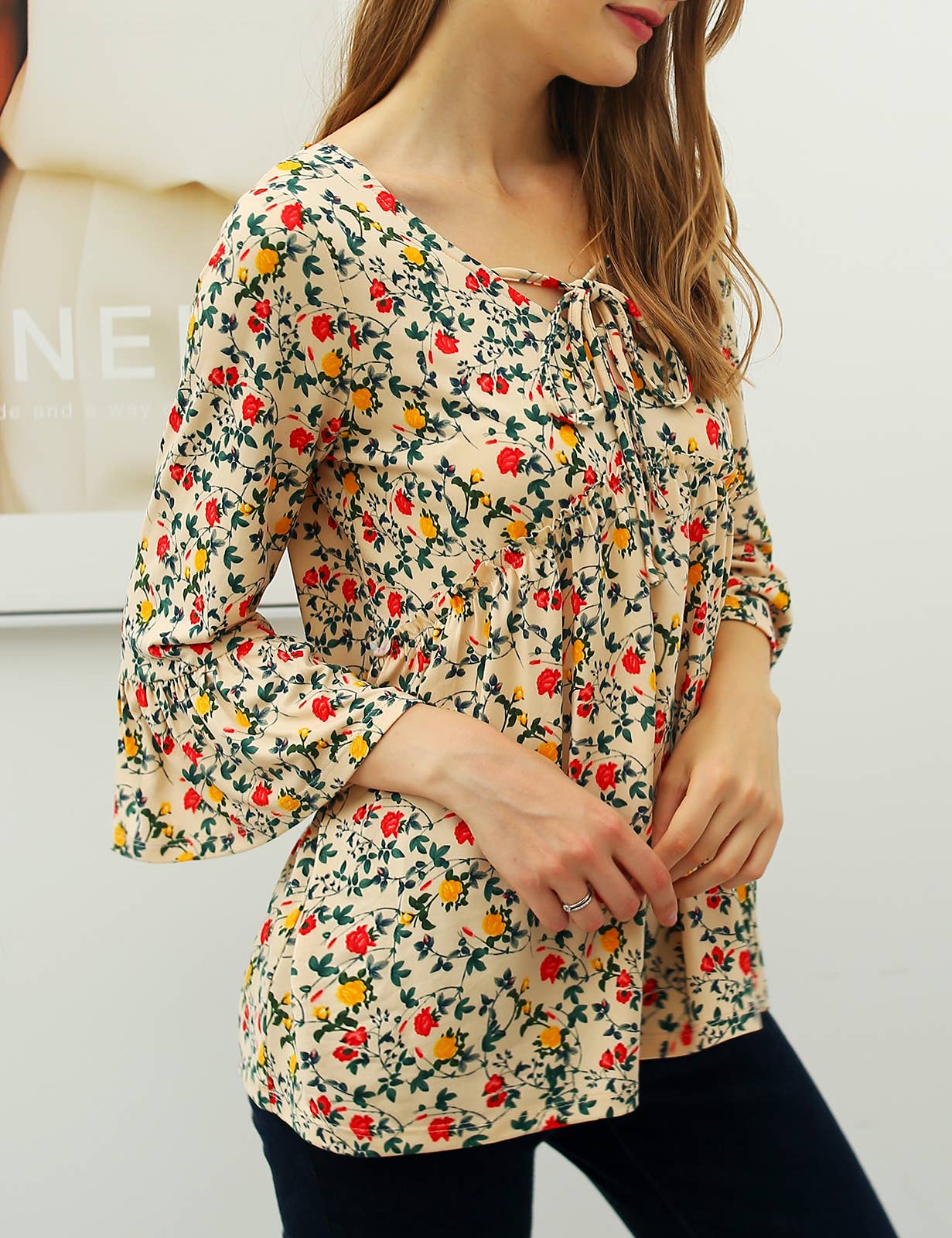 CWTTL1401-P_3/4 SLEEVE WITH NECK STRING DETAILED TOP