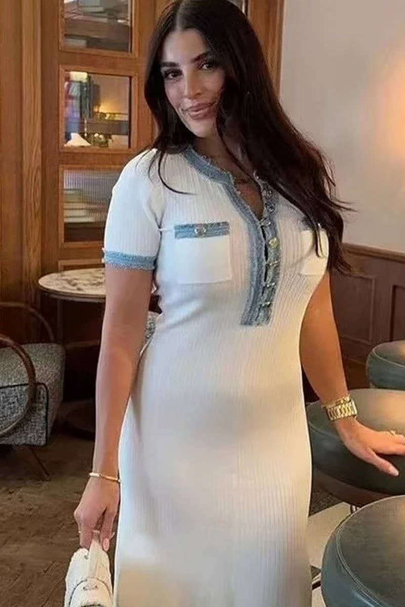 CWDMD4141_DENIM PATCHWORK KNITTED SHORT-SLEEVED DRESS