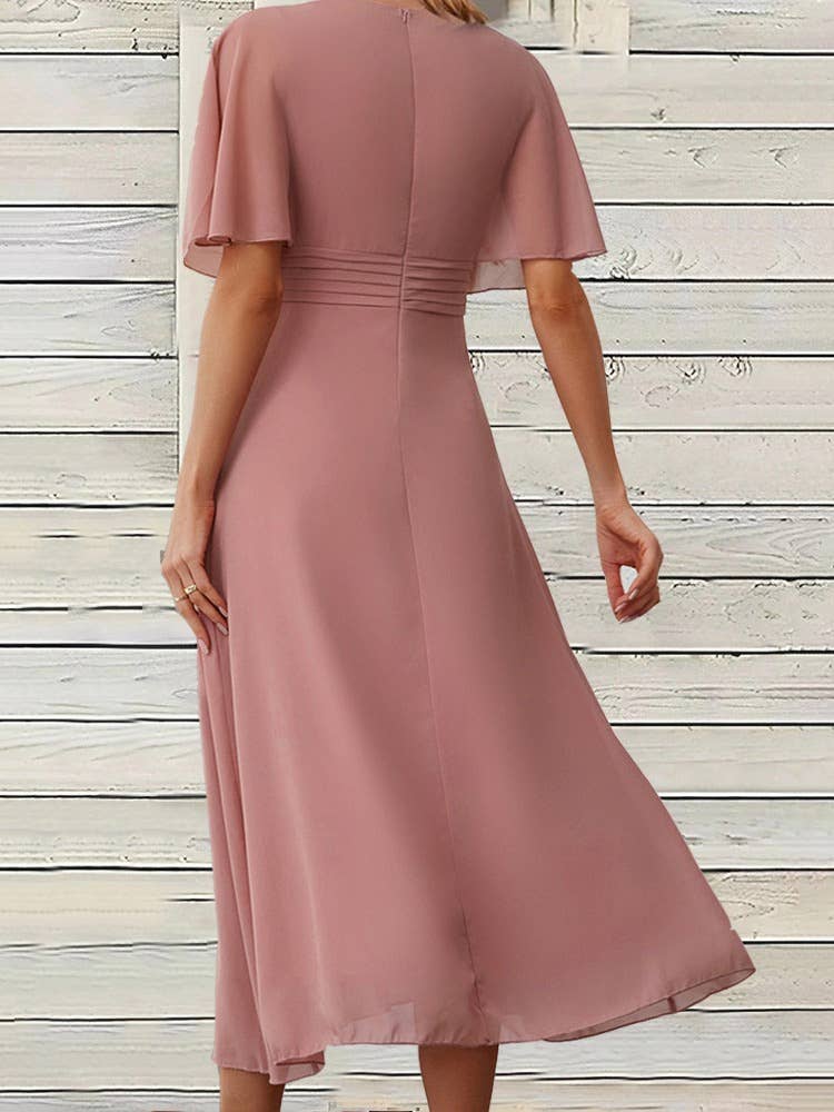 CHIFFON V-NECK SHORT-SLEEVED SWING DRESS