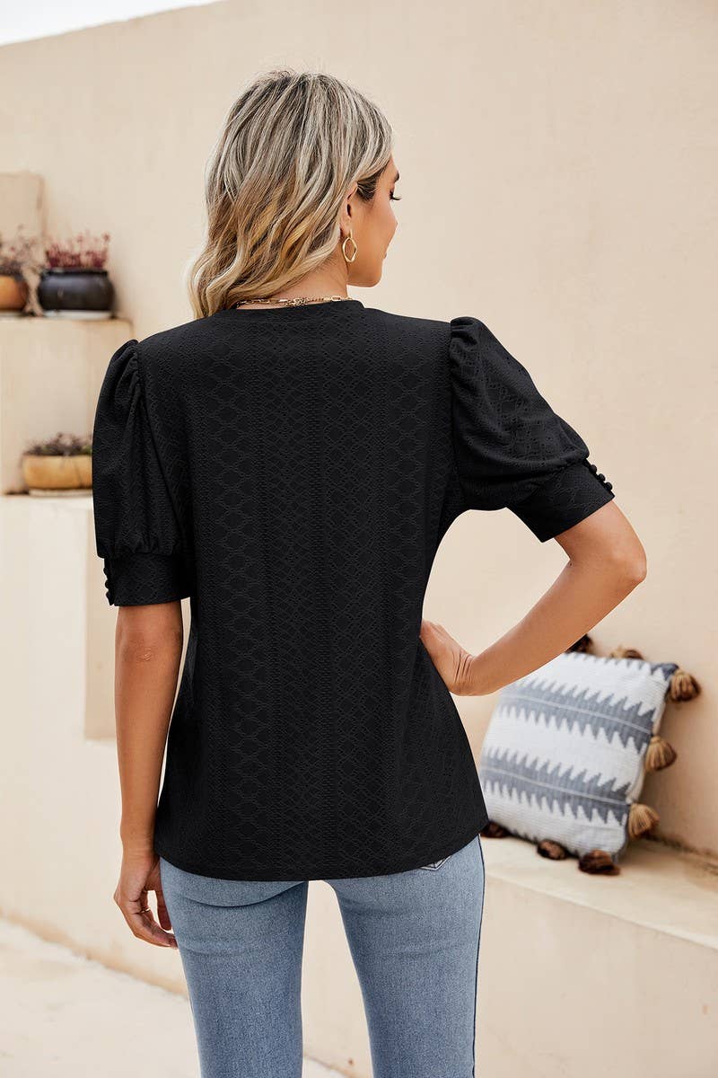 CWTBLS0615_ HOLLOW PUFF SLEEVES SHORT SLEEVED BLOUSE TOP