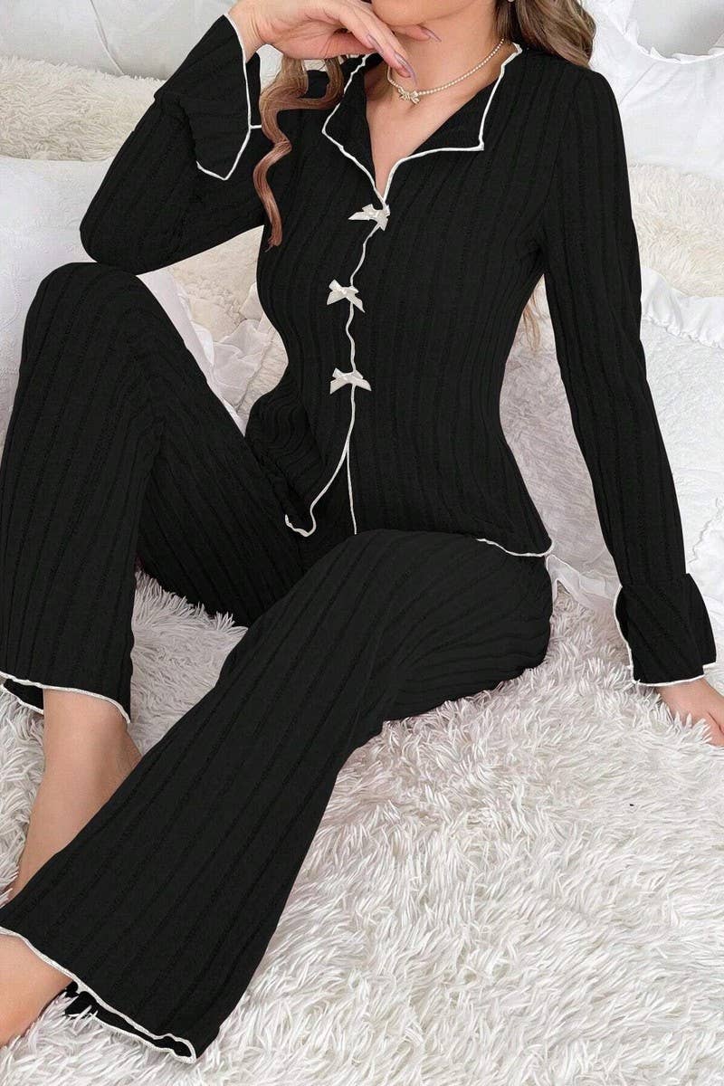 CWSPJ00491_BOW TIE COLLAR LONG SLEEVE TOP AND PANTS SET