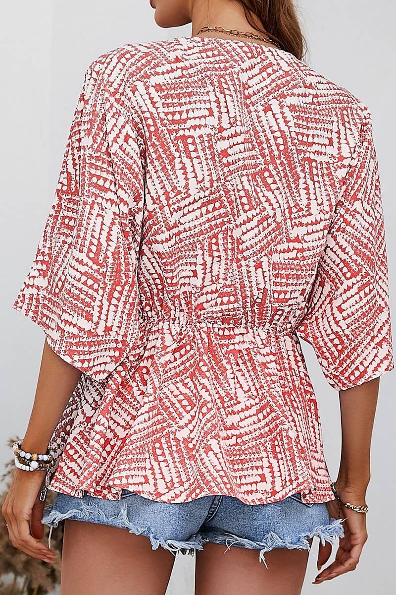 CWTBLS1802_V-NECK BAT SLEEVE LOOSE SHORT-SLEEVED PRINTED TOP