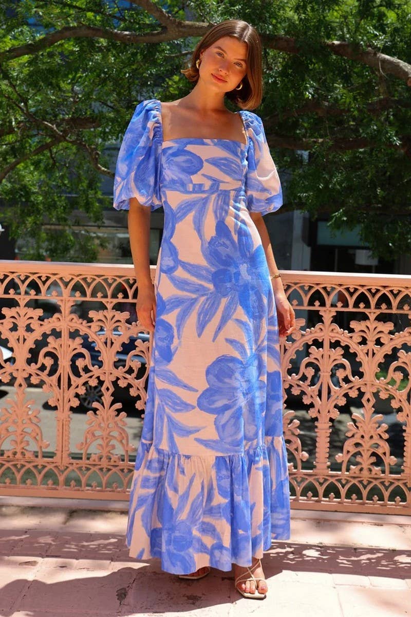 CWDMD5927_SQUARE NECK SLIM LANTERN SLEEVE FRENCH LONG DRESS