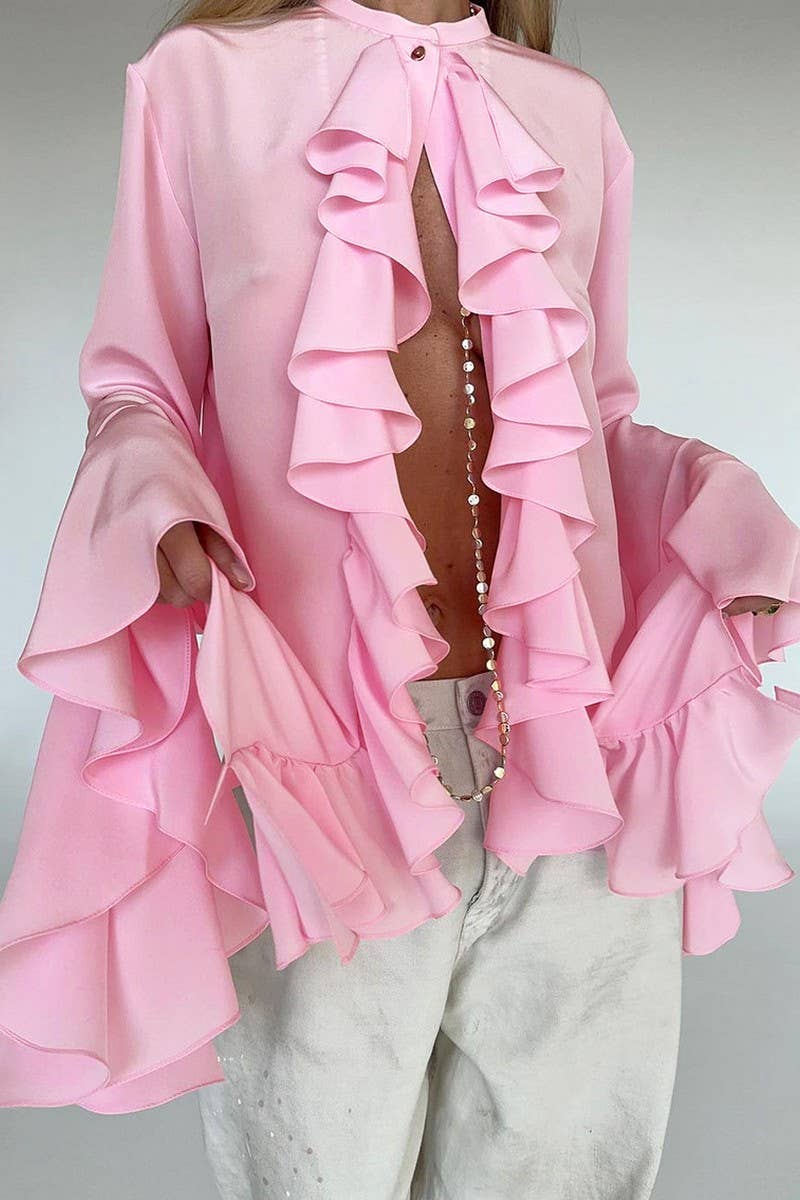 CWTBLL3342_SOLID COLOR RUFFLED LONG SLEEVE SHIRT TOP